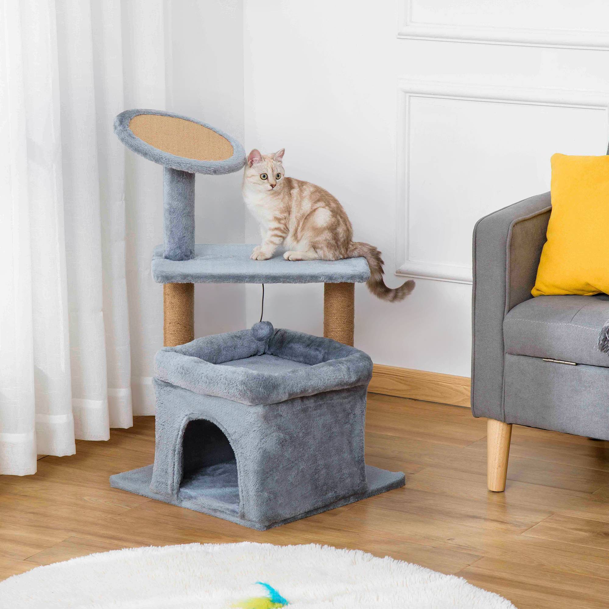 Arbre à chat design peluche jute chaton griffoir niche 48x48x84cm gris - ComfortXL Outdoor Living - Image 3