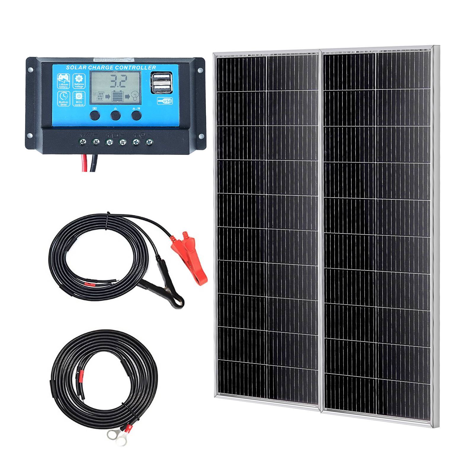 VEVOR Kit panneau solaire monocristallin 200W (2pcs) + contrôleur charge, IP68, pour maison, camping-car, bateau. - Image 1