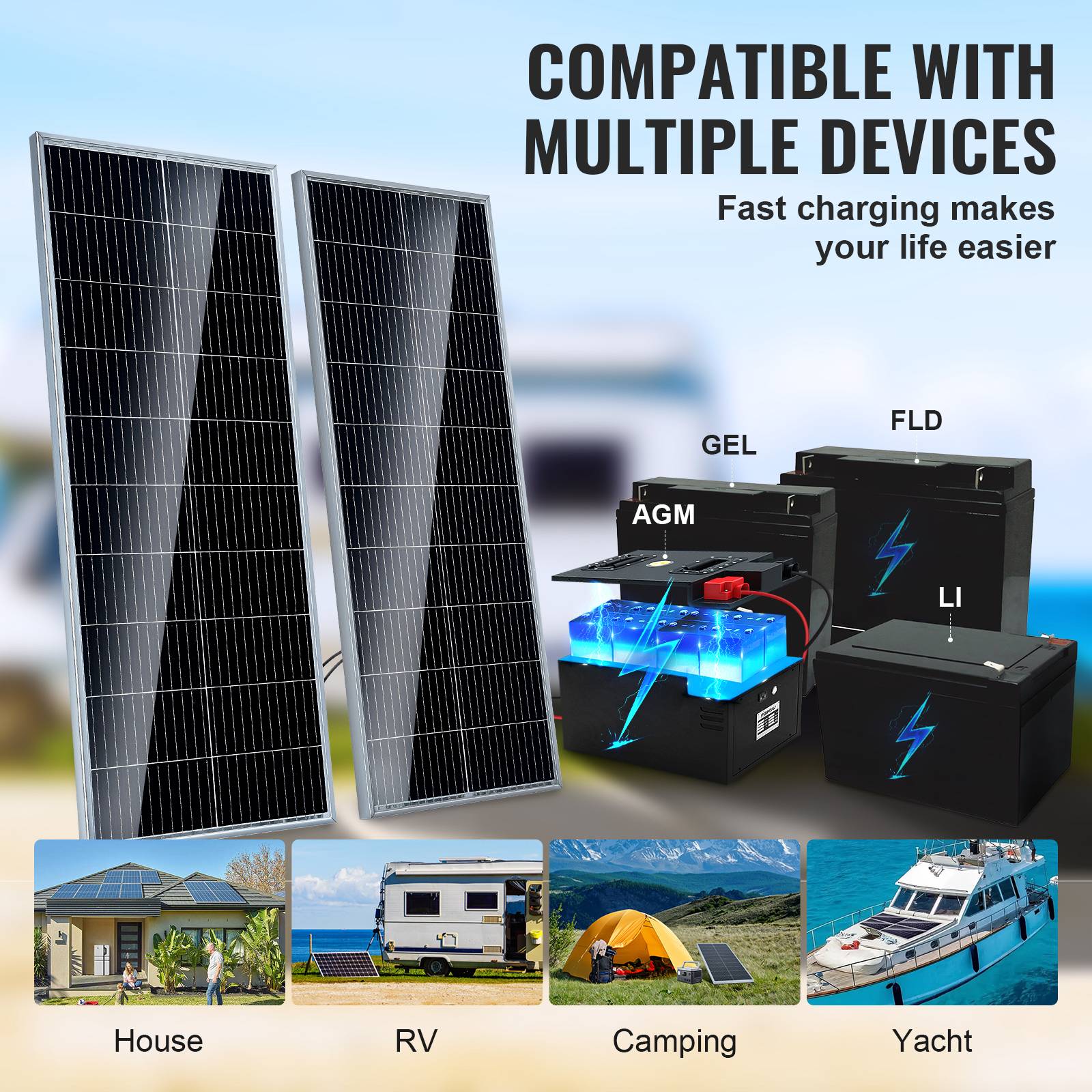 VEVOR Kit panneau solaire monocristallin 200W (2pcs) + contrôleur charge, IP68, pour maison, camping-car, bateau. - Image 3