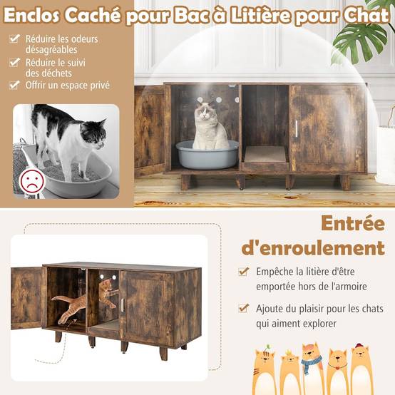 Maison de Toilettes pour Chat à Double Portes,Meuble TV pour Litière Cachée de Chat(Marron) - Image 4