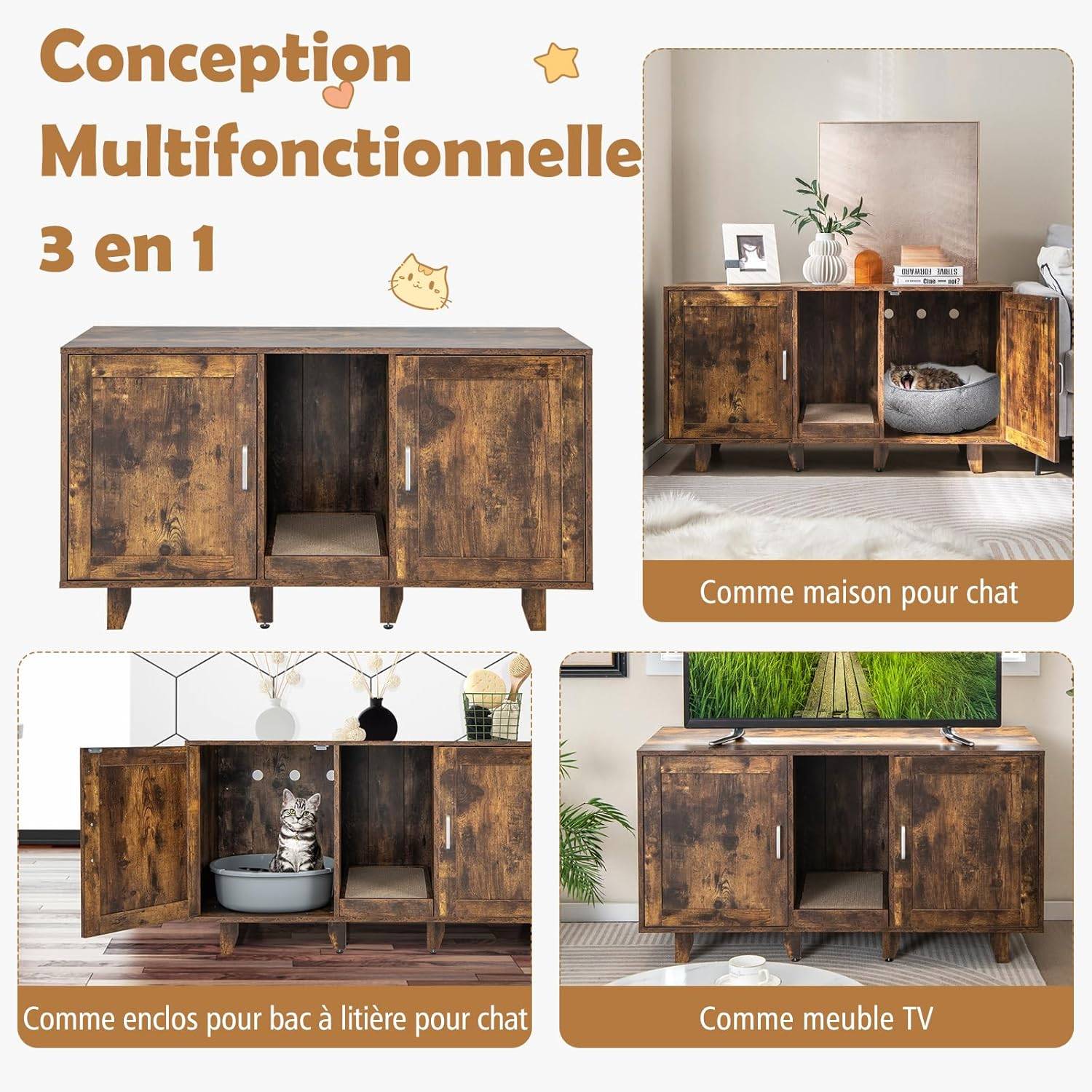 Maison de Toilettes pour Chat à Double Portes,Meuble TV pour Litière Cachée de Chat(Marron) - Image 6