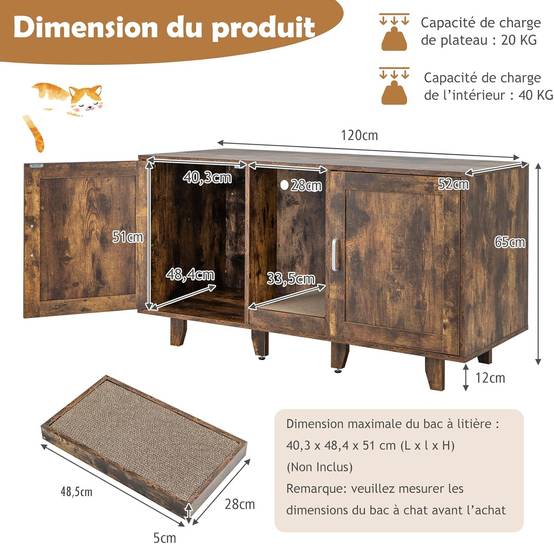 Maison de Toilettes pour Chat à Double Portes,Meuble TV pour Litière Cachée de Chat(Marron) - Image 3