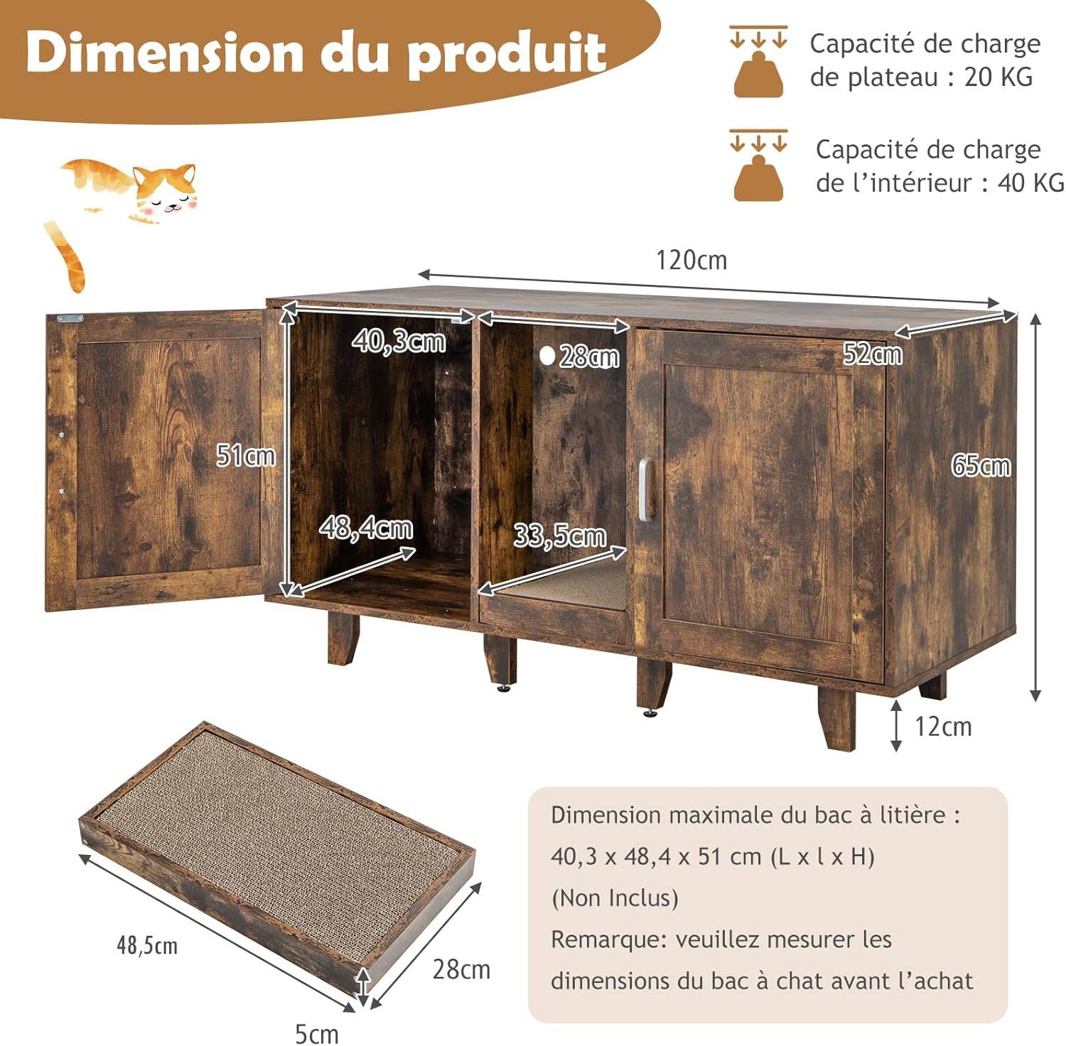 Maison de Toilettes pour Chat à Double Portes,Meuble TV pour Litière Cachée de Chat(Marron) - Image 3