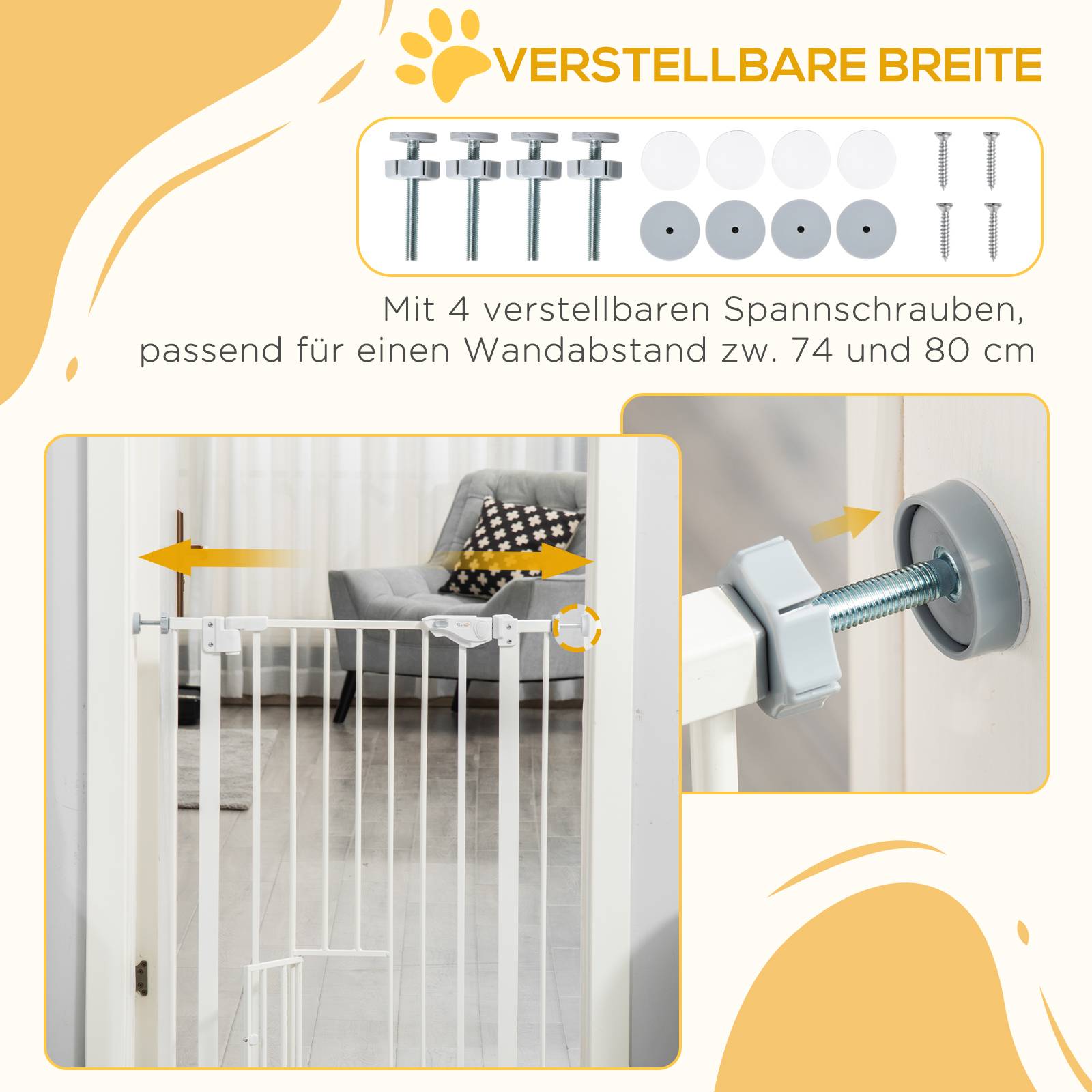 Barrière Sécurité Métal Escalier Porte Chatière Fixation Pression 74-80cm Blanc - ComfortXL Pet Living - Image 4