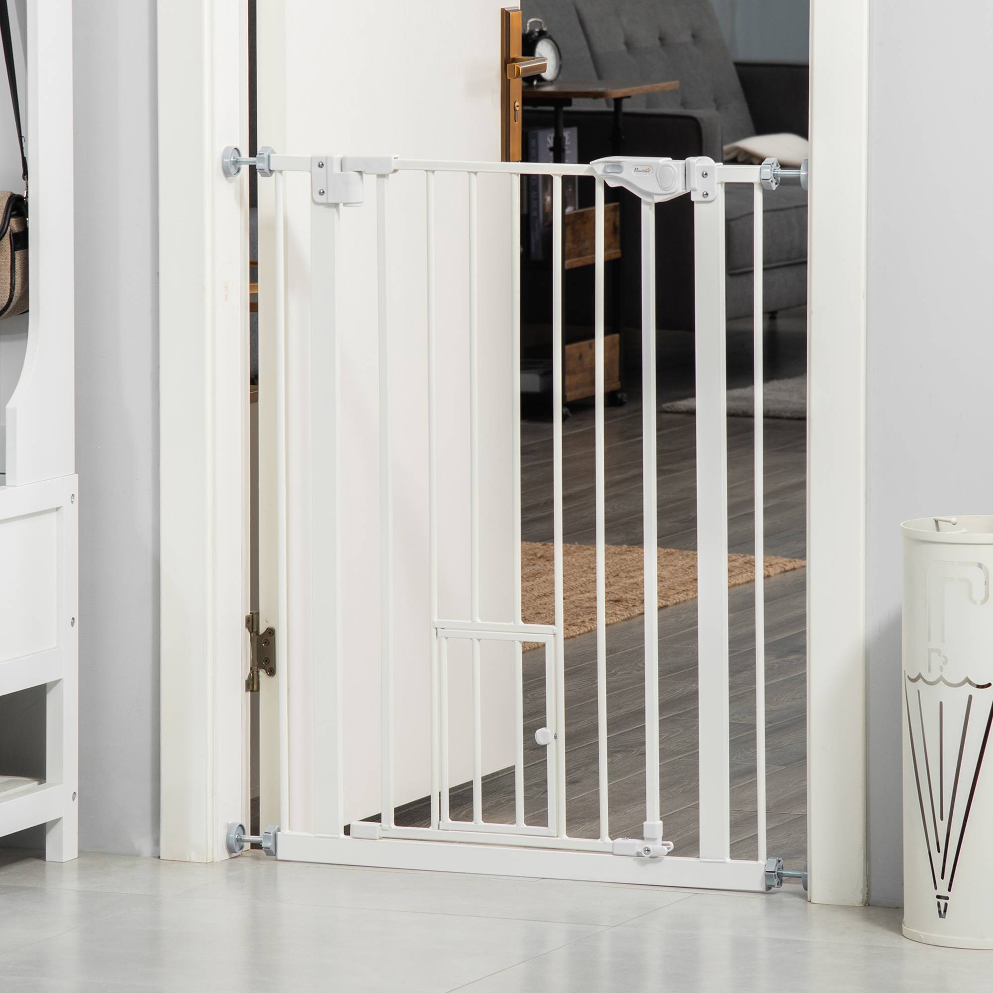 Barrière Sécurité Métal Escalier Porte Chatière Fixation Pression 74-80cm Blanc - ComfortXL Pet Living - Image 7