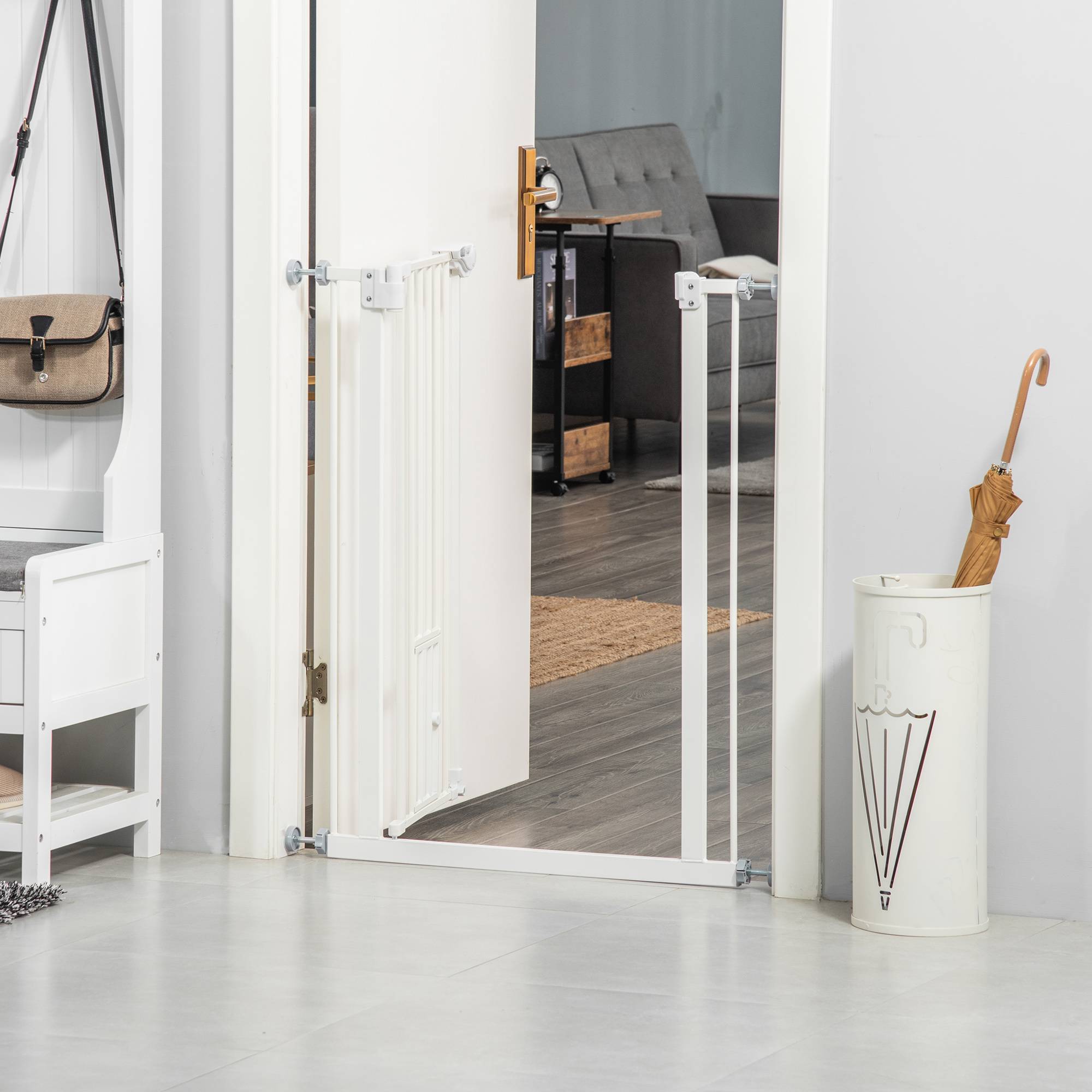 Barrière Sécurité Métal Escalier Porte Chatière Fixation Pression 74-80cm Blanc - ComfortXL Pet Living - Image 1