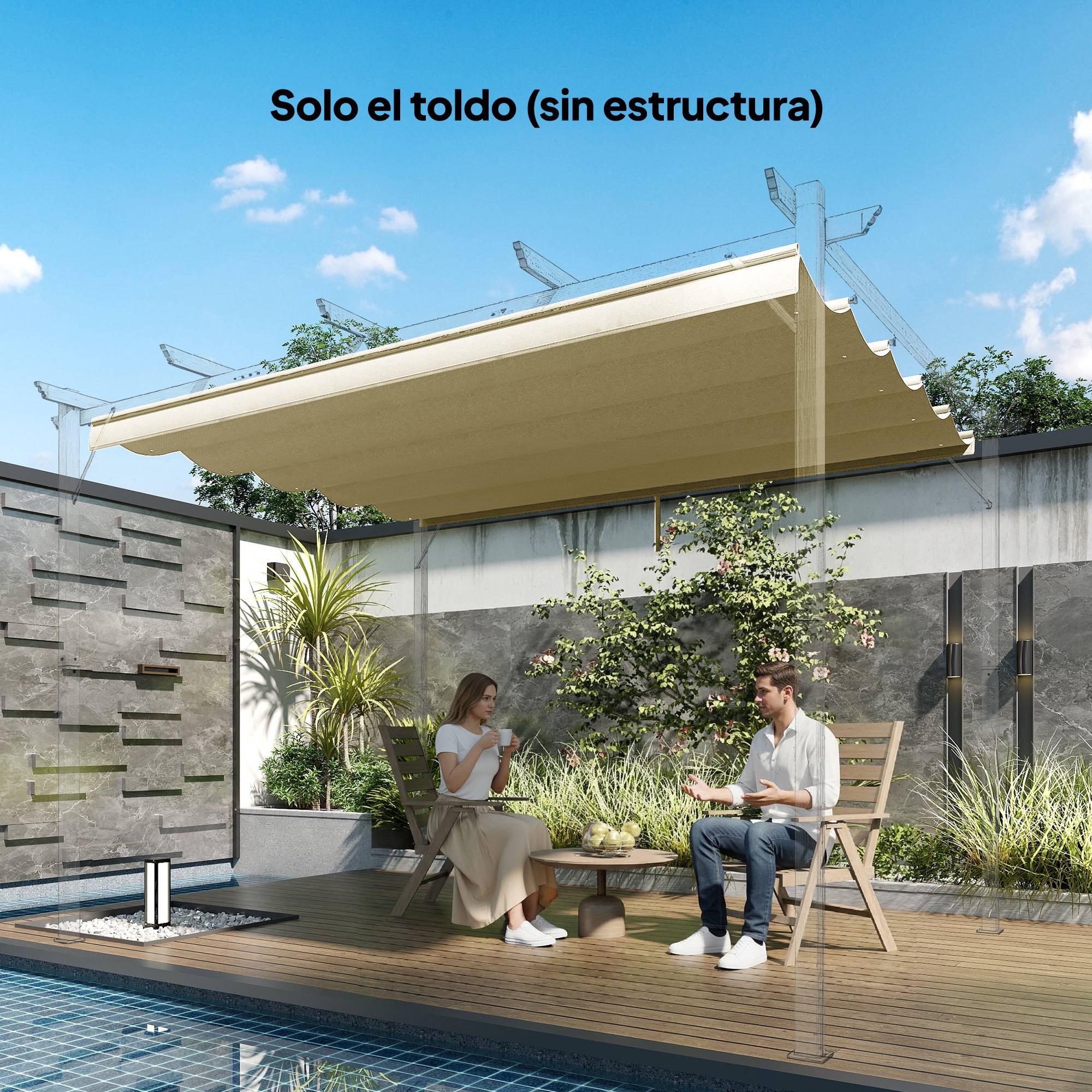 Toile de Rechange Rétractable Polyester pour Pergola 4x3m Anti-UV Beige 350x260 cm - ComfortXL Outdoor Living - Image 4