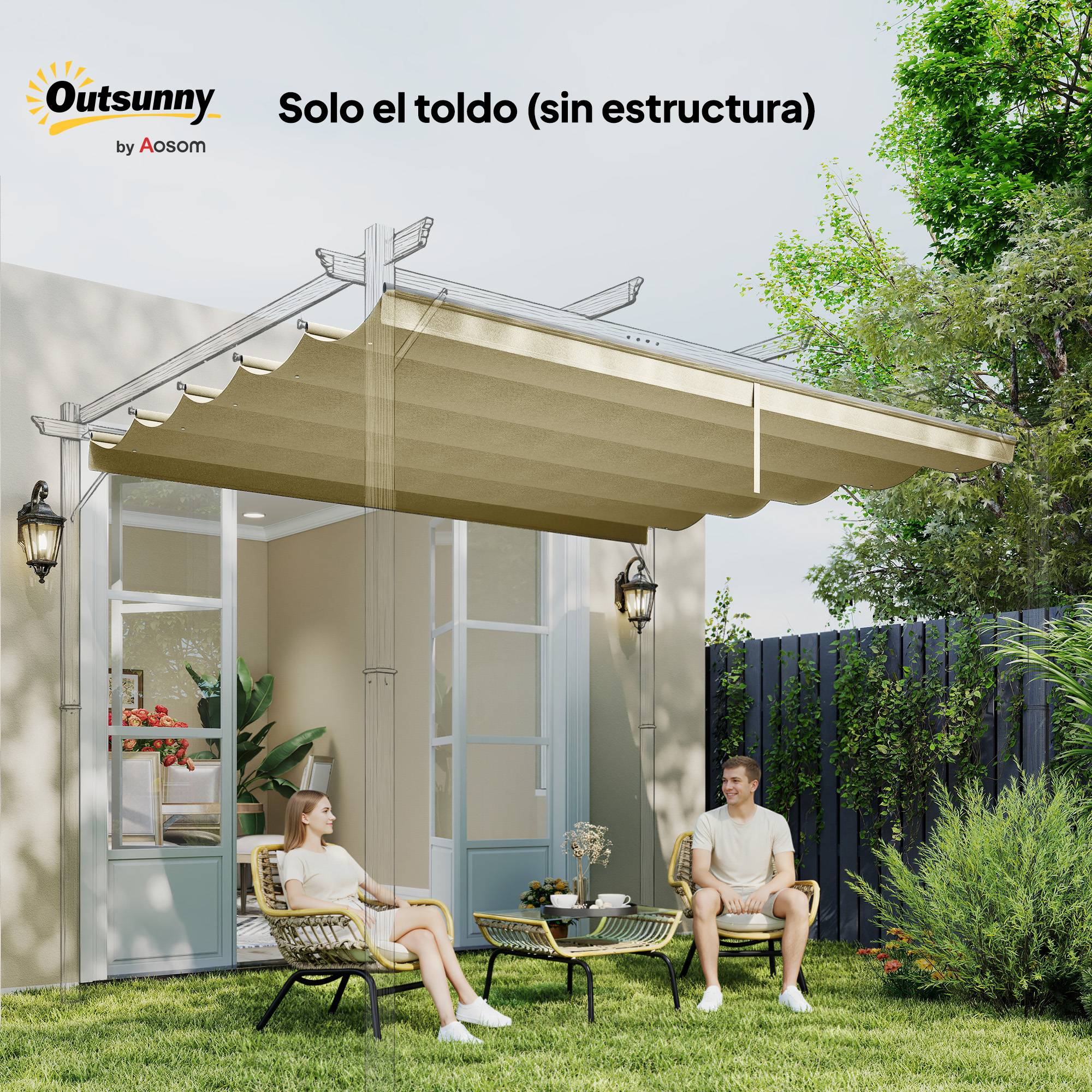 Toile de Rechange Rétractable Polyester pour Pergola 4x3m Anti-UV Beige 350x260 cm - ComfortXL Outdoor Living - Image 9