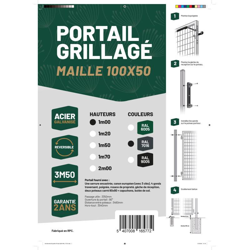 Portail grillagé acier galvanisé L 3m50 Gris anthracite H 1m00 - Easy Clôture - Image 5