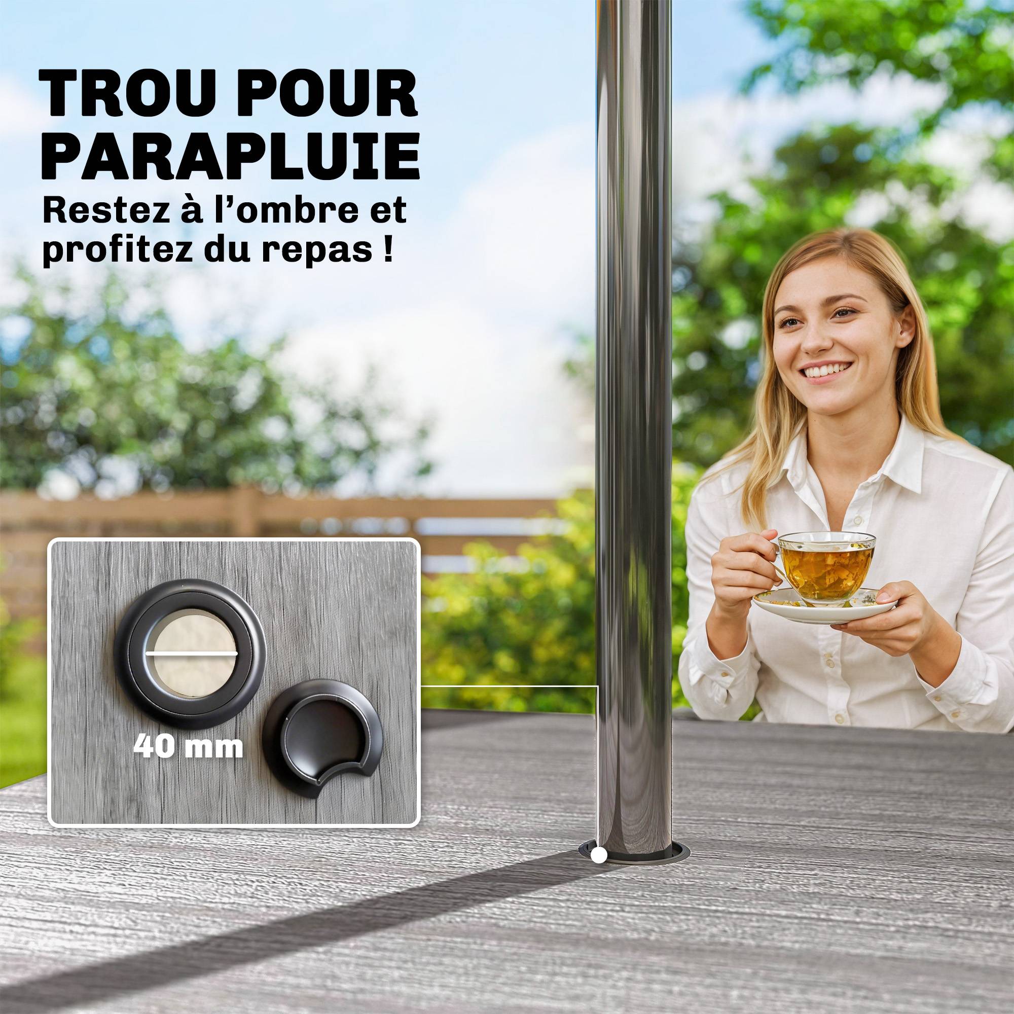 Table à manger carrée métal composite pour 4 personnes trou parasol 85cm gris - ComfortXL Outdoor Living - Image 7