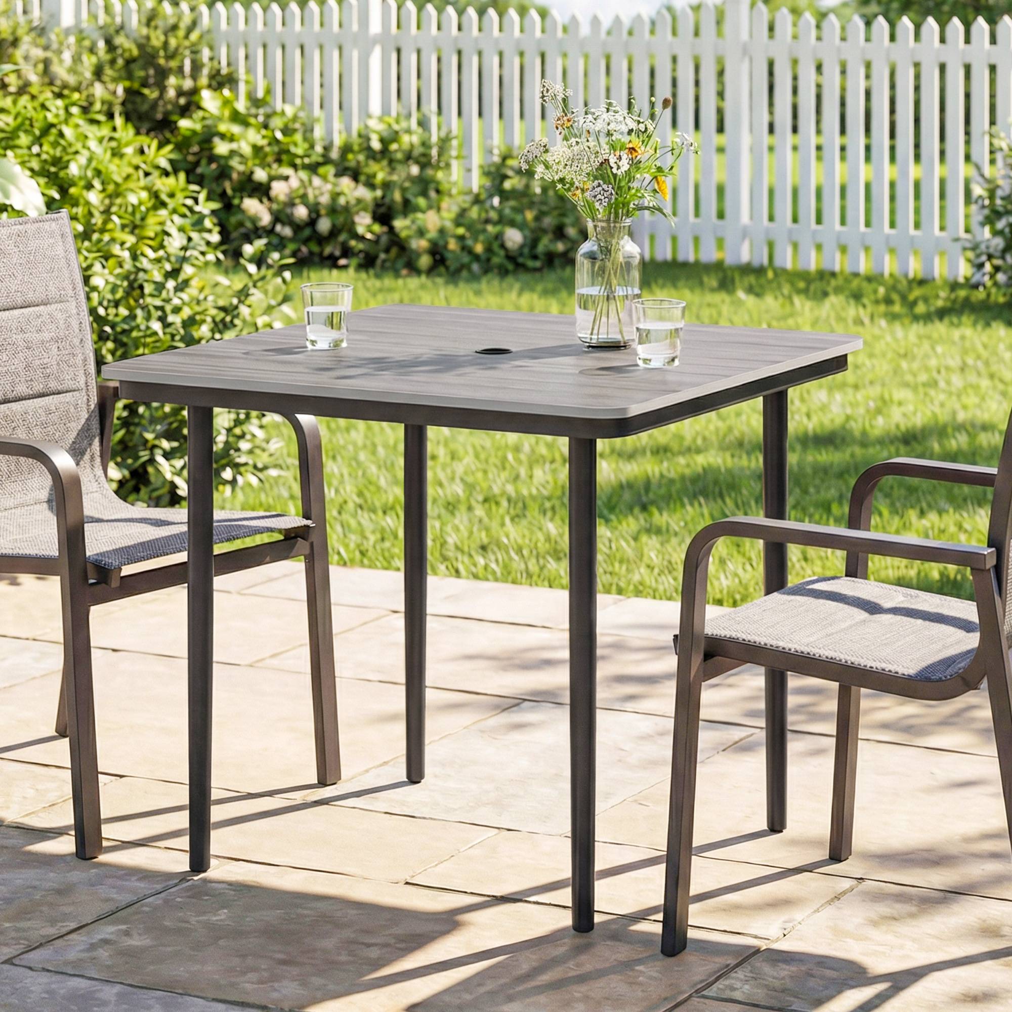 Table à manger carrée métal composite pour 4 personnes trou parasol 85cm gris - ComfortXL Outdoor Living - Image 3