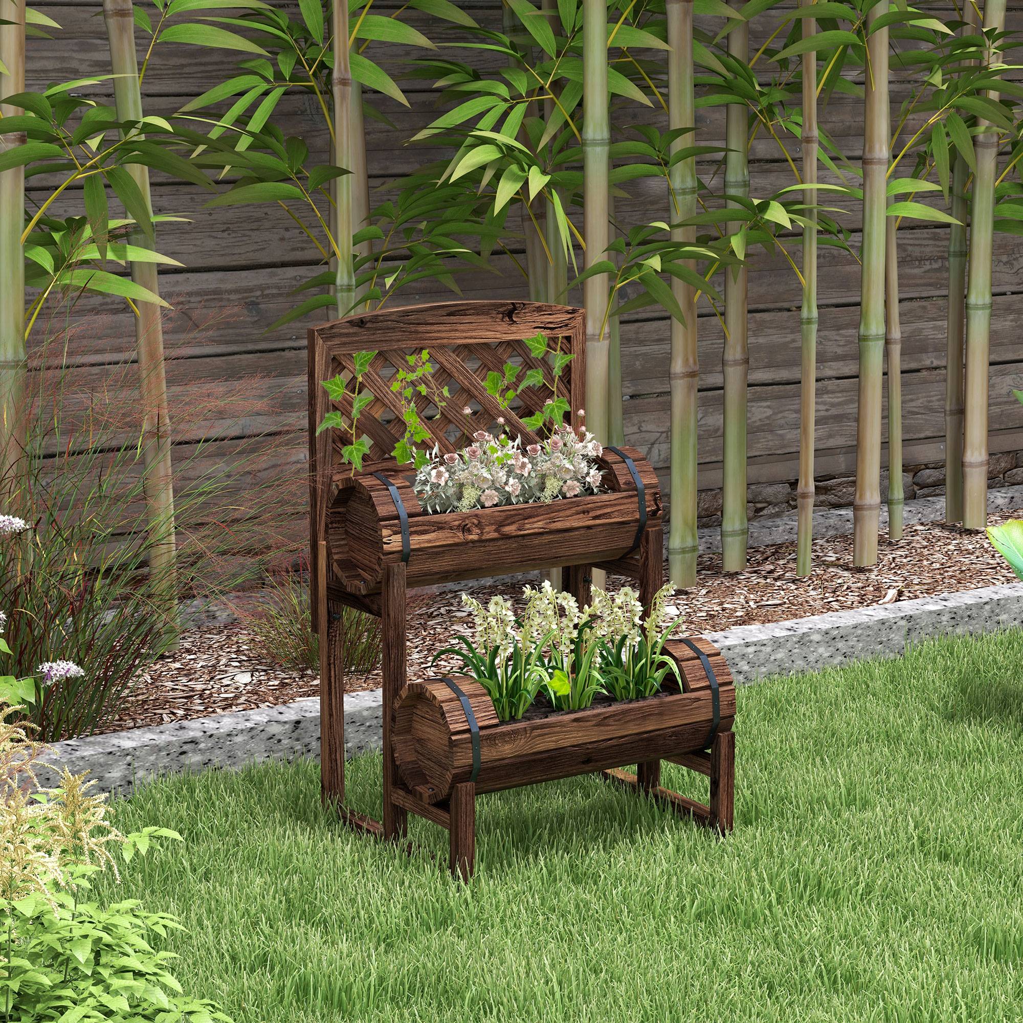 Sans Marque - Jardinière sur pieds surélevée treillis carré potager 2 niveaux terrasse 42x49x80 cm marron - Image 3
