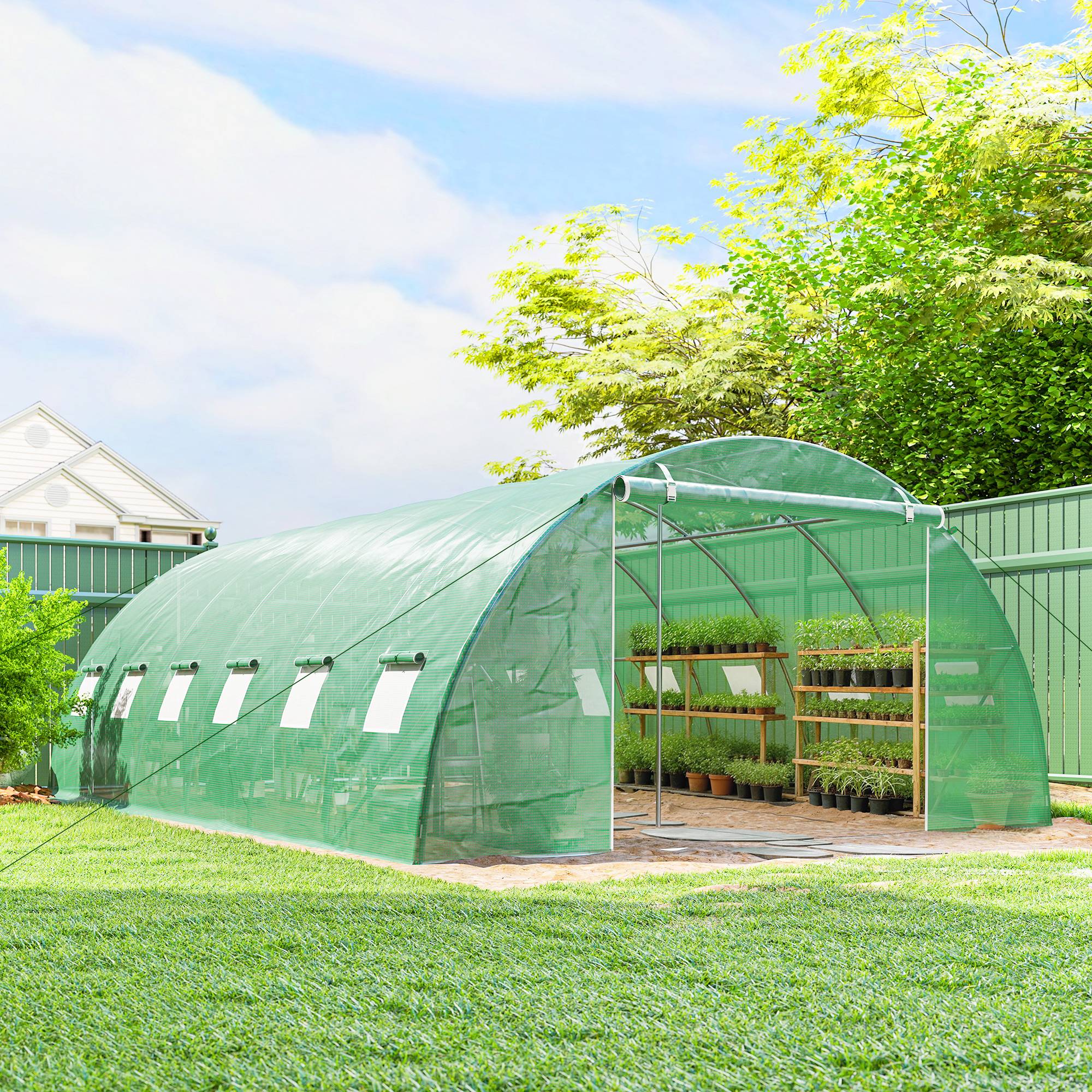 Serre Tunnel de Jardin Serre Maraîchère Acier Galvanisé Ø25mm et Structure Renforcée 395x595x199cm Vert - Image 4