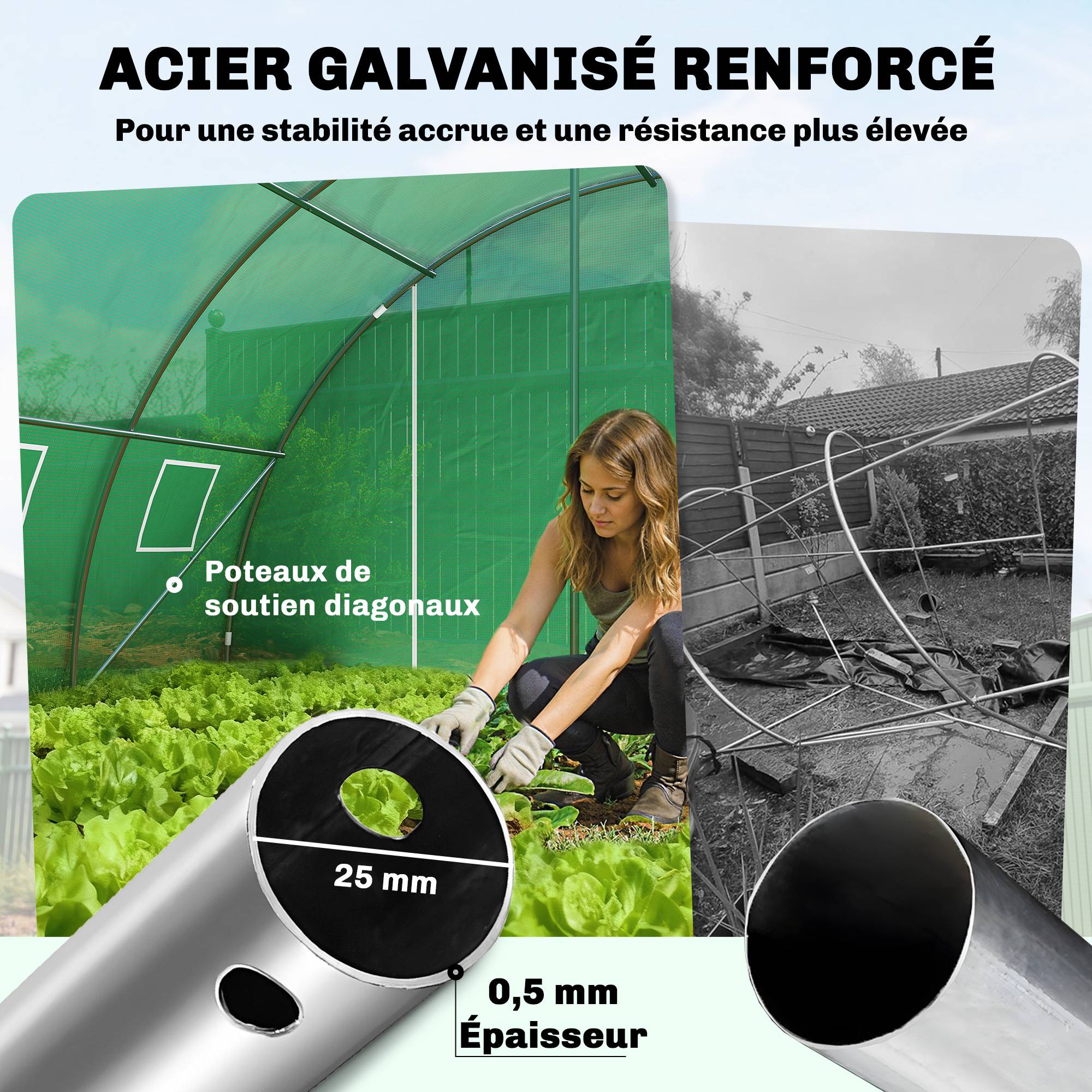 Serre Tunnel de Jardin Serre Maraîchère Acier Galvanisé Ø25mm et Structure Renforcée 395x595x199cm Vert - Image 6
