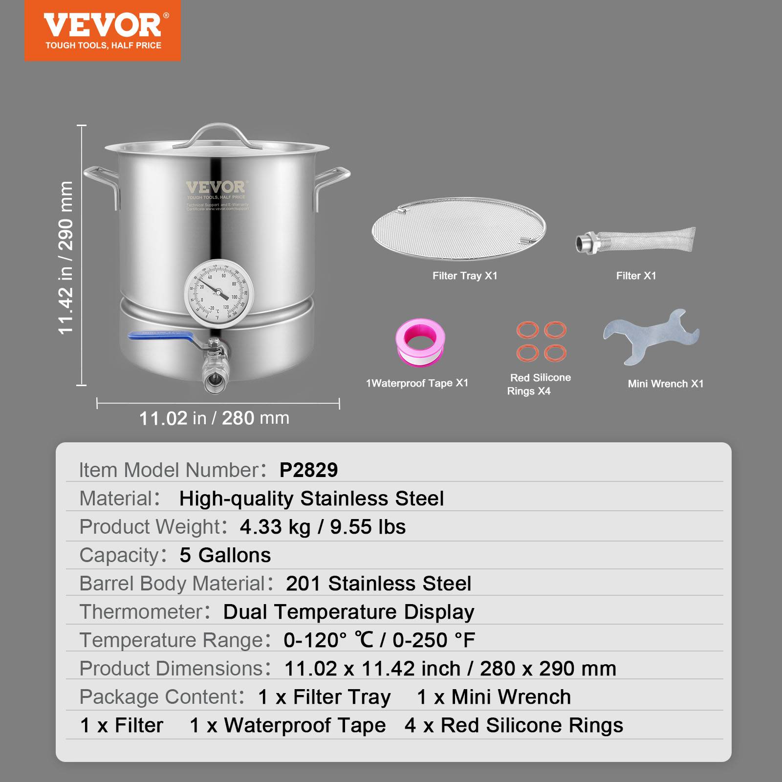 VEVOR Cuve brassage 19 L inox, 3 couches, thermomètre, vanne bille. Double filtration. - Image 7