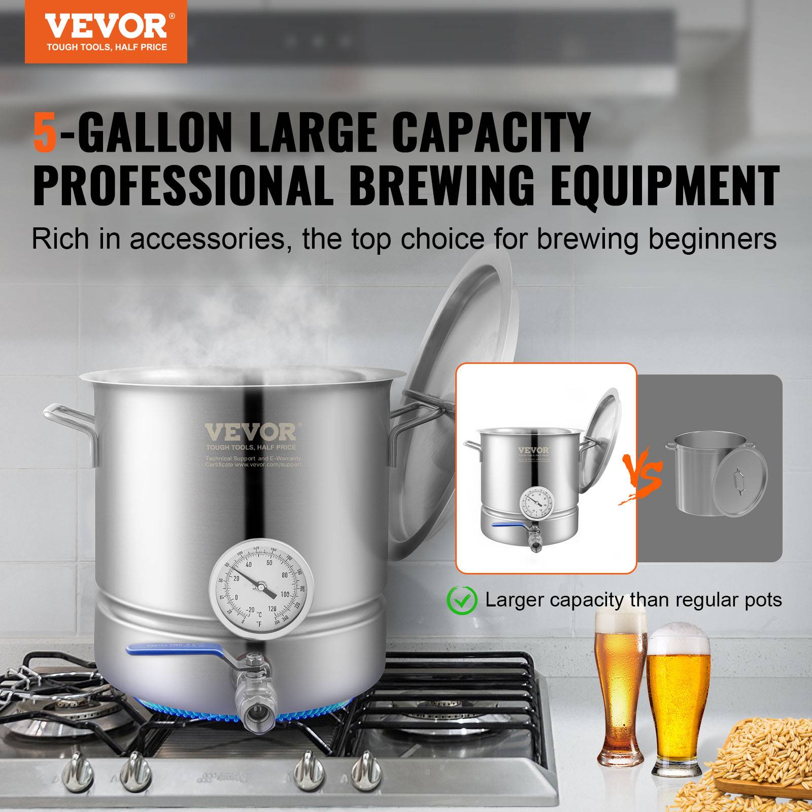VEVOR Cuve brassage 19 L inox, 3 couches, thermomètre, vanne bille. Double filtration. - Image 2