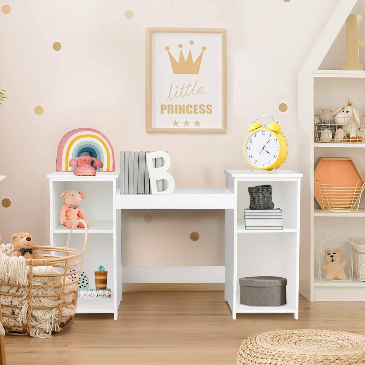 Coiffeuse pour enfants 2 en 1 avec miroir amovible, bureau enfant avec 4 étagères, blanc - Image 7