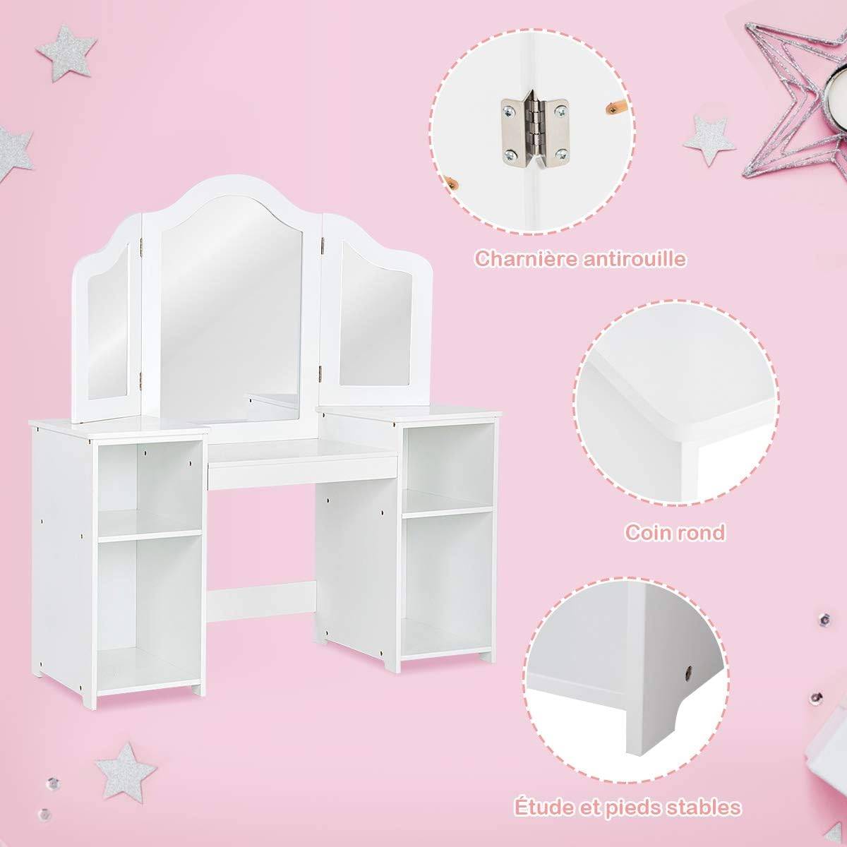 Coiffeuse pour enfants 2 en 1 avec miroir amovible, bureau enfant avec 4 étagères, blanc - Image 3