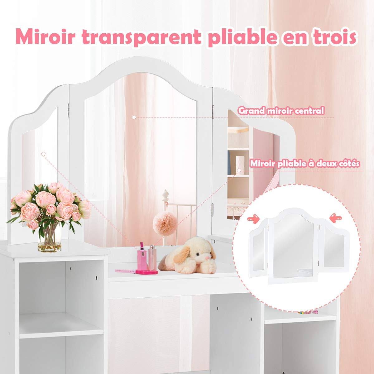 Coiffeuse pour enfants 2 en 1 avec miroir amovible, bureau enfant avec 4 étagères, blanc - Image 5
