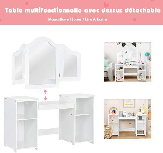 Coiffeuse pour enfants 2 en 1 avec miroir amovible, bureau enfant avec 4 étagères, blanc - Image 4
