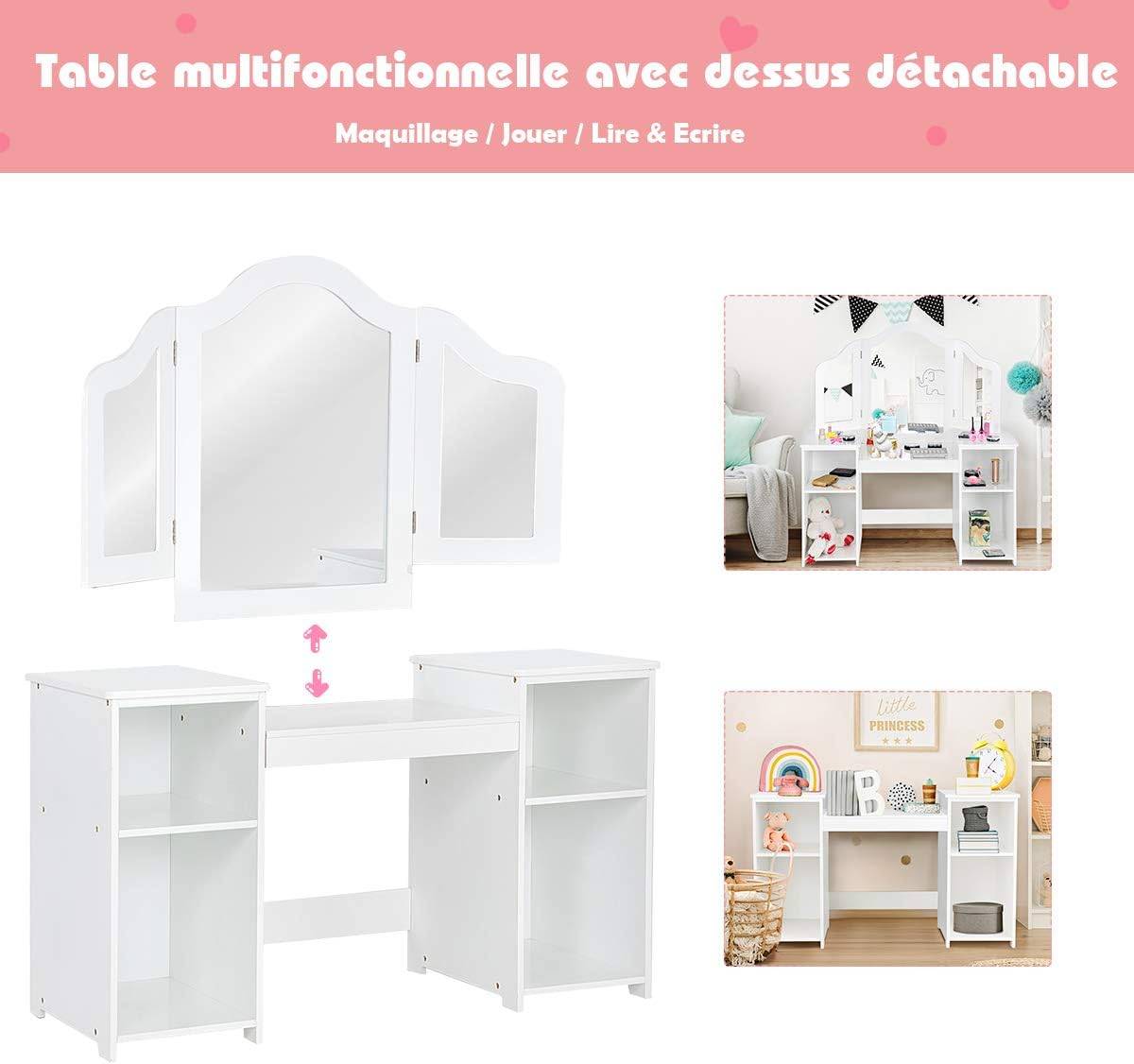 Coiffeuse pour enfants 2 en 1 avec miroir amovible, bureau enfant avec 4 étagères, blanc - Image 4