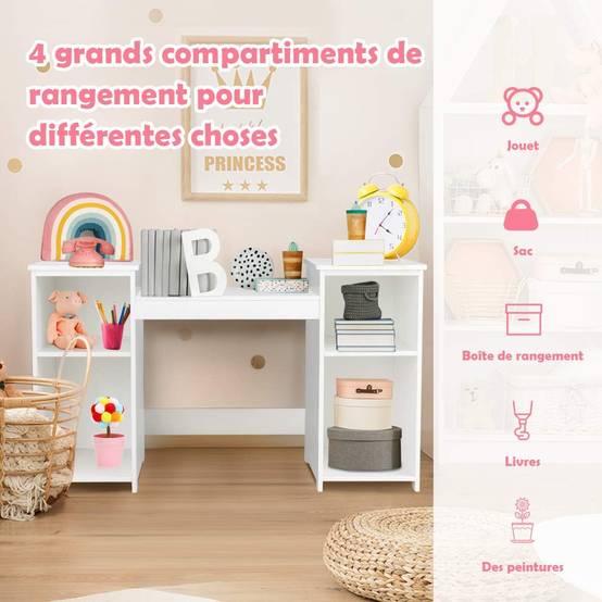 Coiffeuse pour enfants 2 en 1 avec miroir amovible, bureau enfant avec 4 étagères, blanc - Image 6
