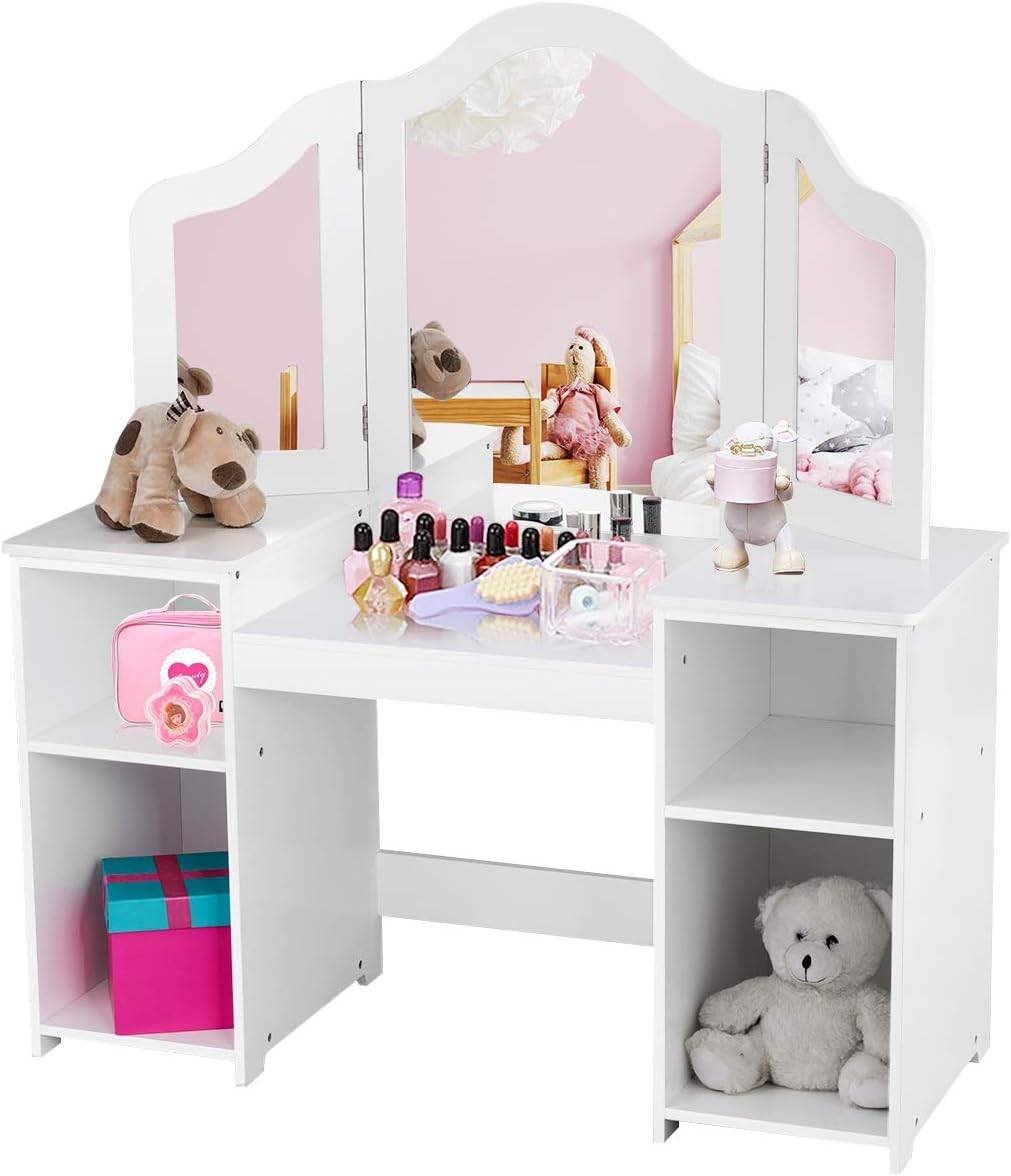 Coiffeuse pour enfants 2 en 1 avec miroir amovible, bureau enfant avec 4 étagères, blanc - Image 1