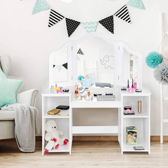 Coiffeuse pour enfants 2 en 1 avec miroir amovible, bureau enfant avec 4 étagères, blanc - Image 2