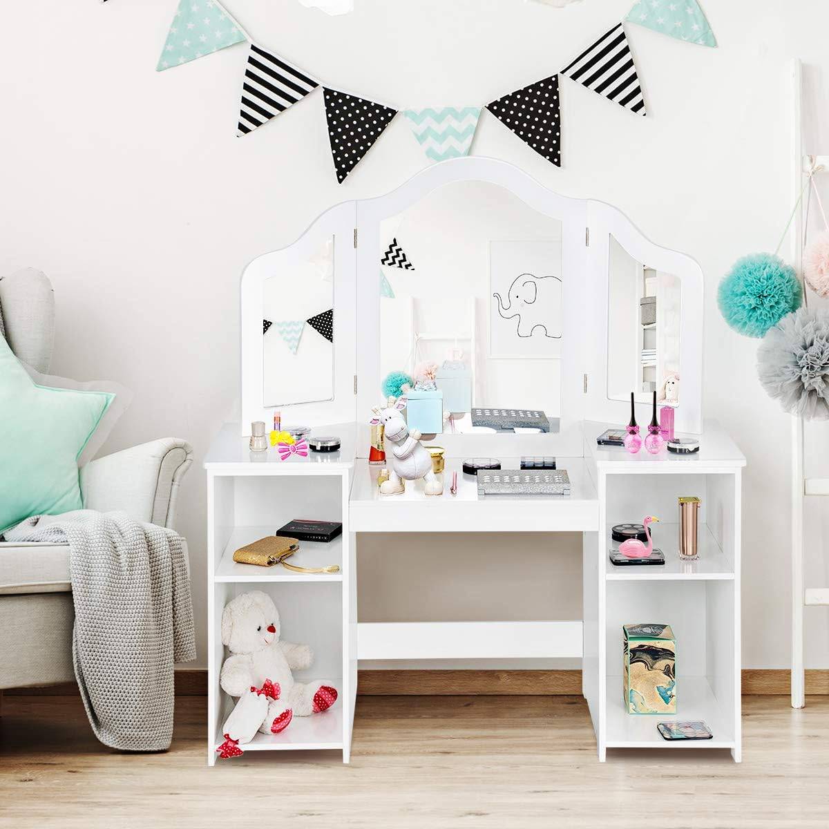 Coiffeuse pour enfants 2 en 1 avec miroir amovible, bureau enfant avec 4 étagères, blanc - Image 2