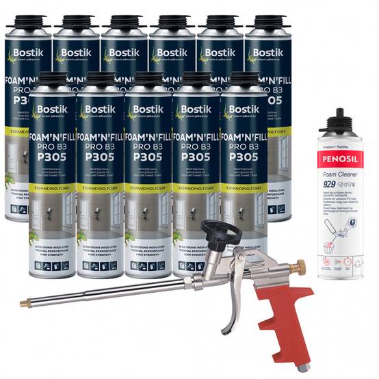 Bostik - Pack 11 Mousses expansives PU pistolable P305 Foam'n'Fill 750ml BOSTIK + Nettoyant FoamCleaner 929 500ml + Pistolet manuel - Image 1