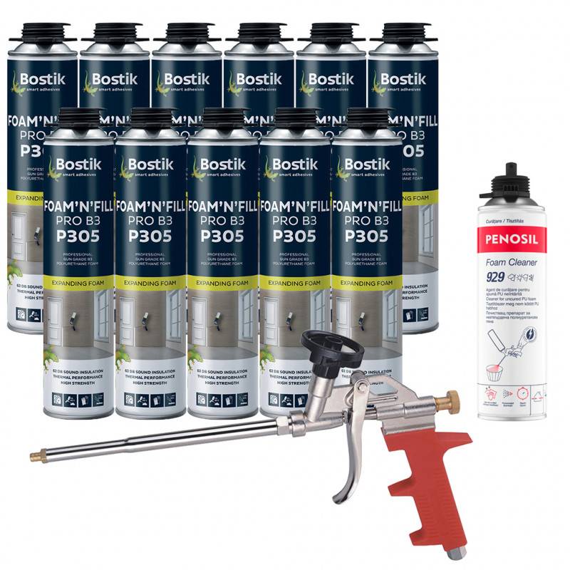 Bostik - Pack 11 Mousses expansives PU pistolable P305 Foam'n'Fill 750ml BOSTIK + Nettoyant FoamCleaner 929 500ml + Pistolet manuel - Image 1