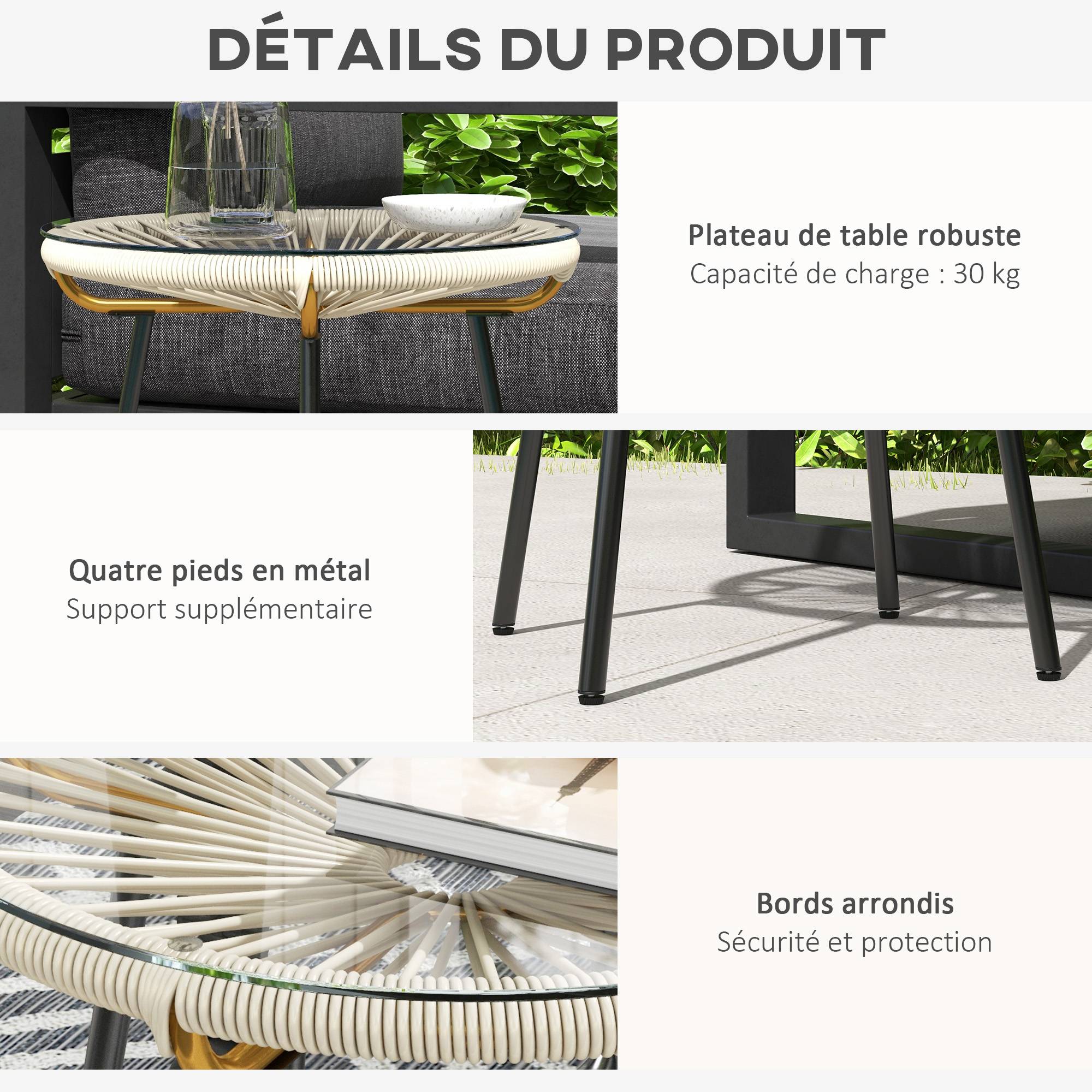 Table basse ronde de jardin en résine aspect rotin métal et plateau verre trempé Ø 50 x 50 cm crème - Image 8