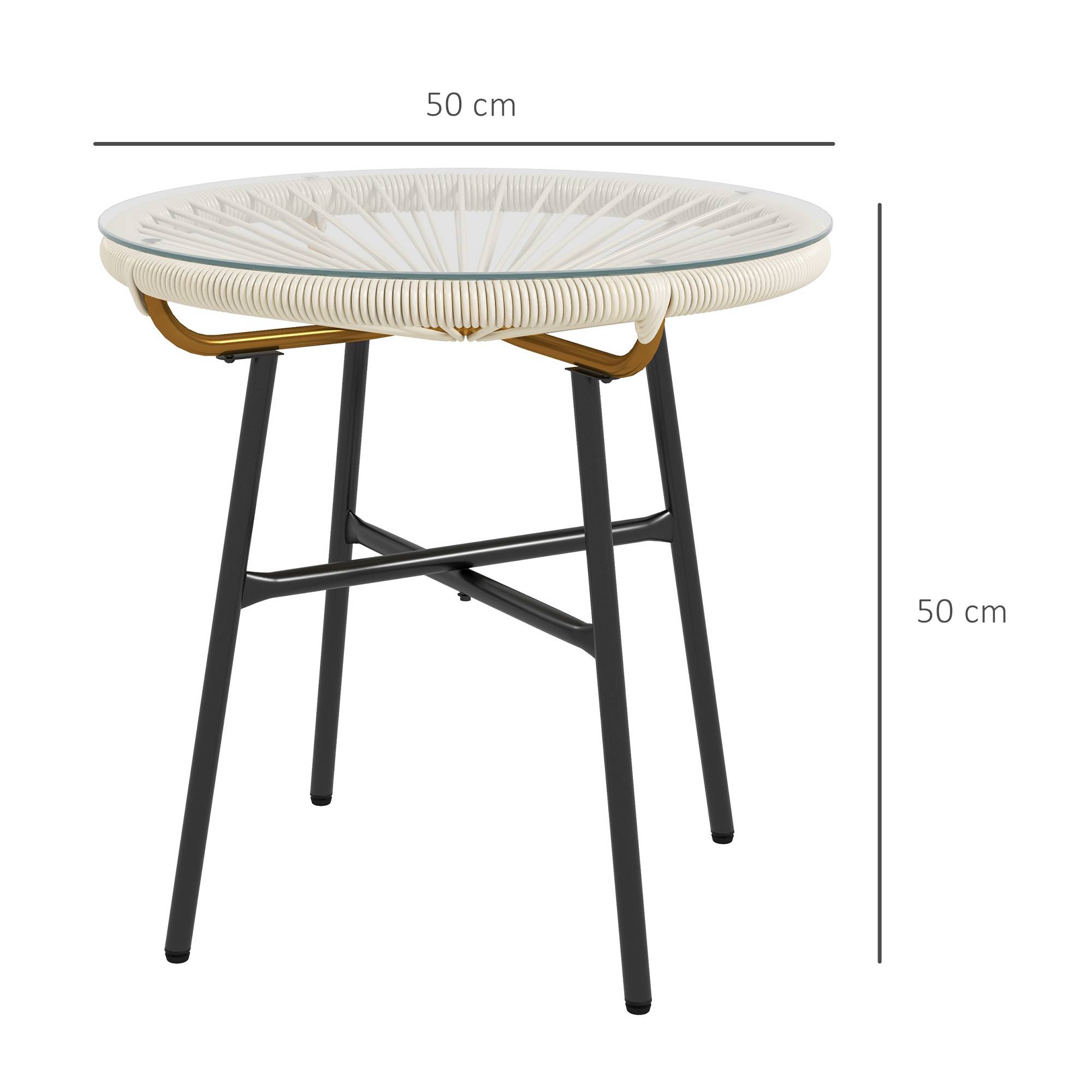 Table basse ronde de jardin en résine aspect rotin métal et plateau verre trempé Ø 50 x 50 cm crème - Image 5