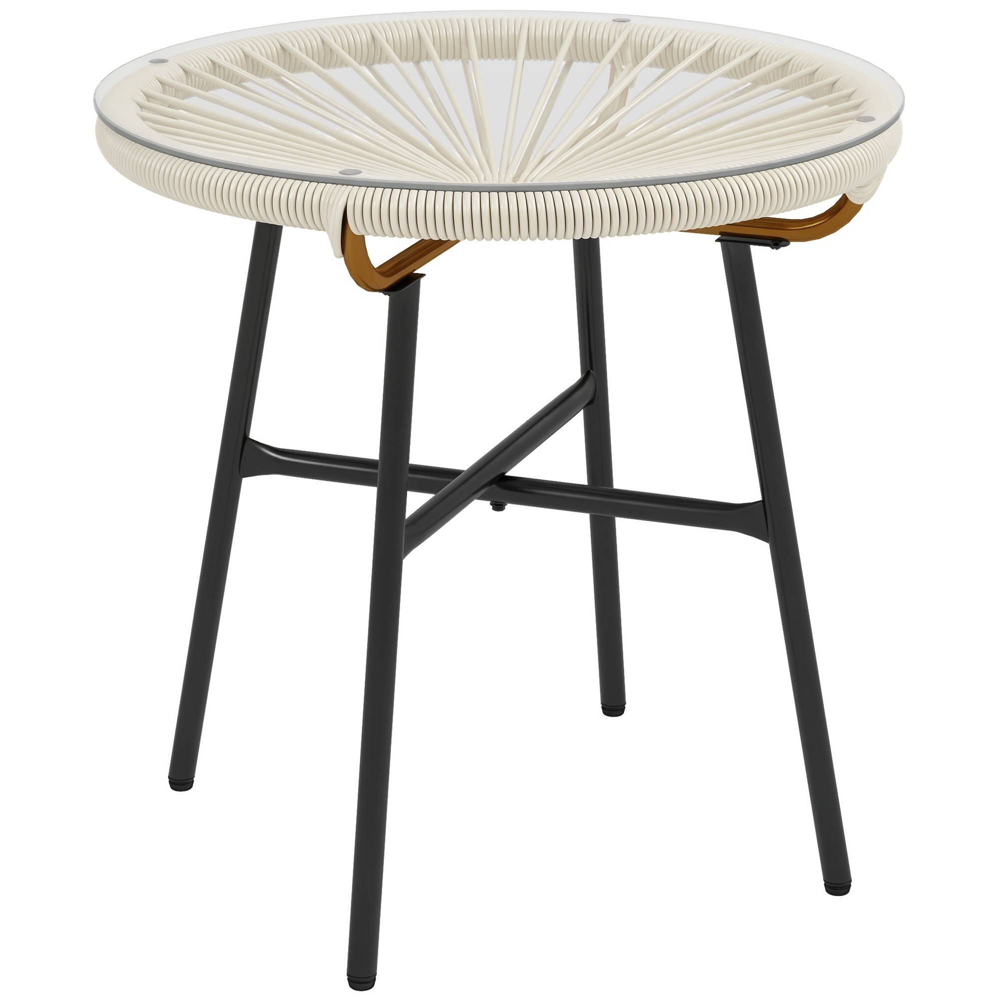 Table basse ronde de jardin en résine aspect rotin métal et plateau verre trempé Ø 50 x 50 cm crème - Image 1