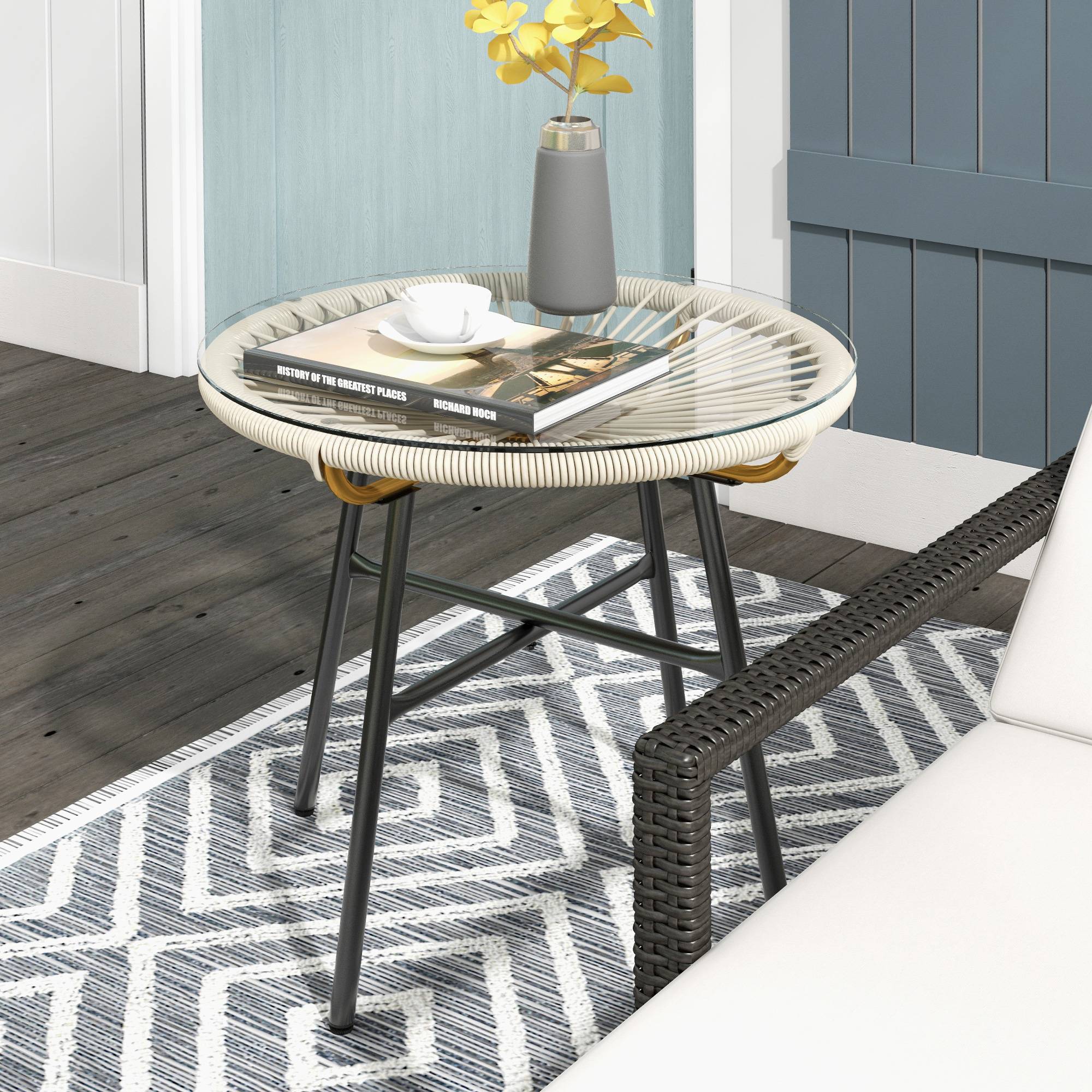 Table basse ronde de jardin en résine aspect rotin métal et plateau verre trempé Ø 50 x 50 cm crème - Image 3