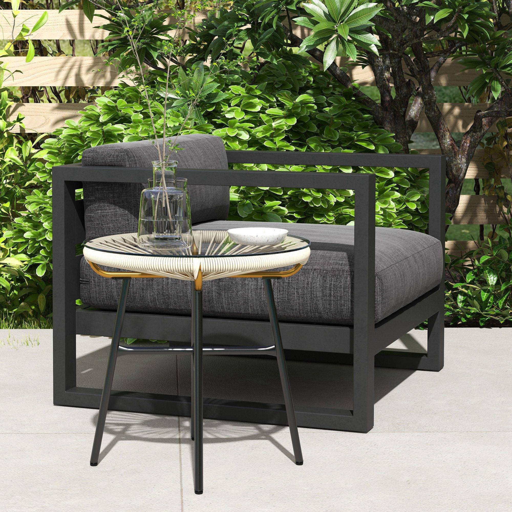 Table basse ronde de jardin en résine aspect rotin métal et plateau verre trempé Ø 50 x 50 cm crème - Image 4