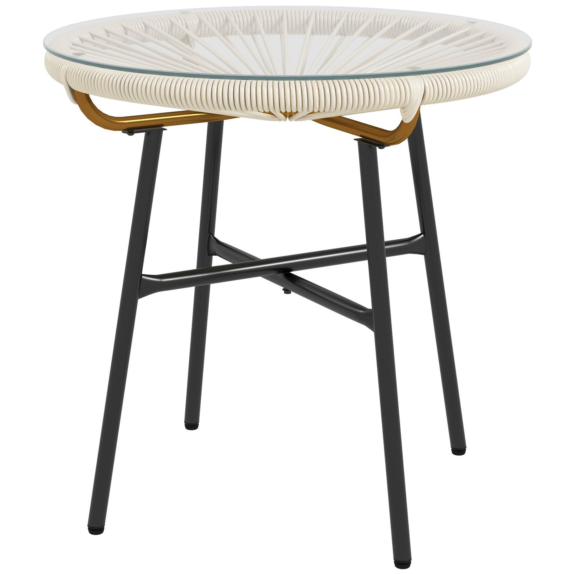 Table basse ronde de jardin en résine aspect rotin métal et plateau verre trempé Ø 50 x 50 cm crème - Image 2