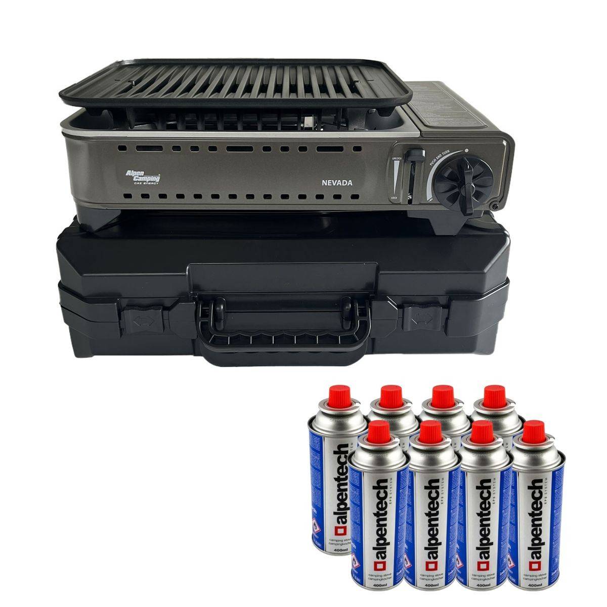 Barbecue à gaz Portable Grill 1780W + 8 Cartouches Gaz Butane Allumage Piezo + Mallette Camping ALPEN - Image 1