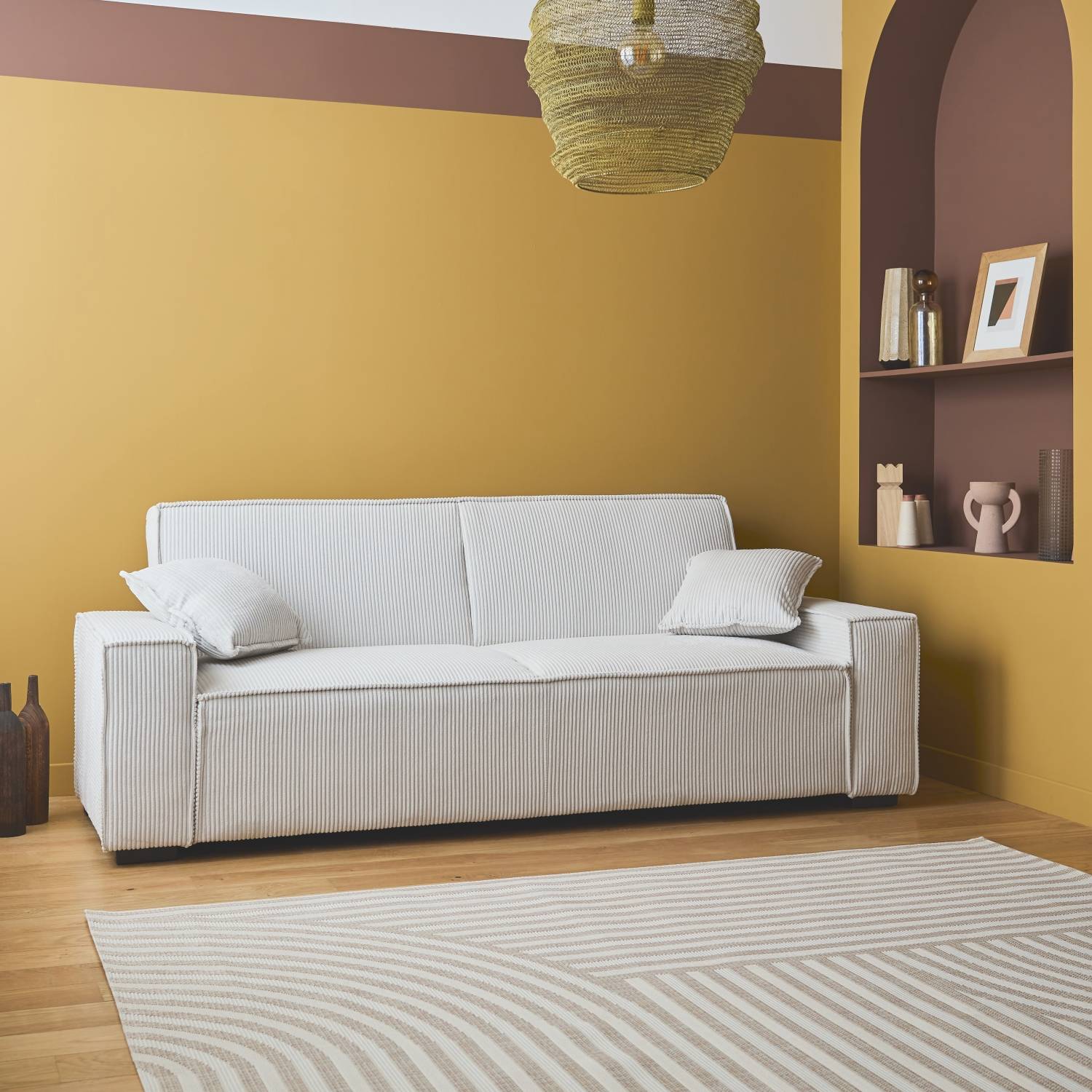 sweeek - Canapé convertible 3 places blanc crème velours côtelé L 231 x P 96.5 x H 80cm | sweeek - Image 1