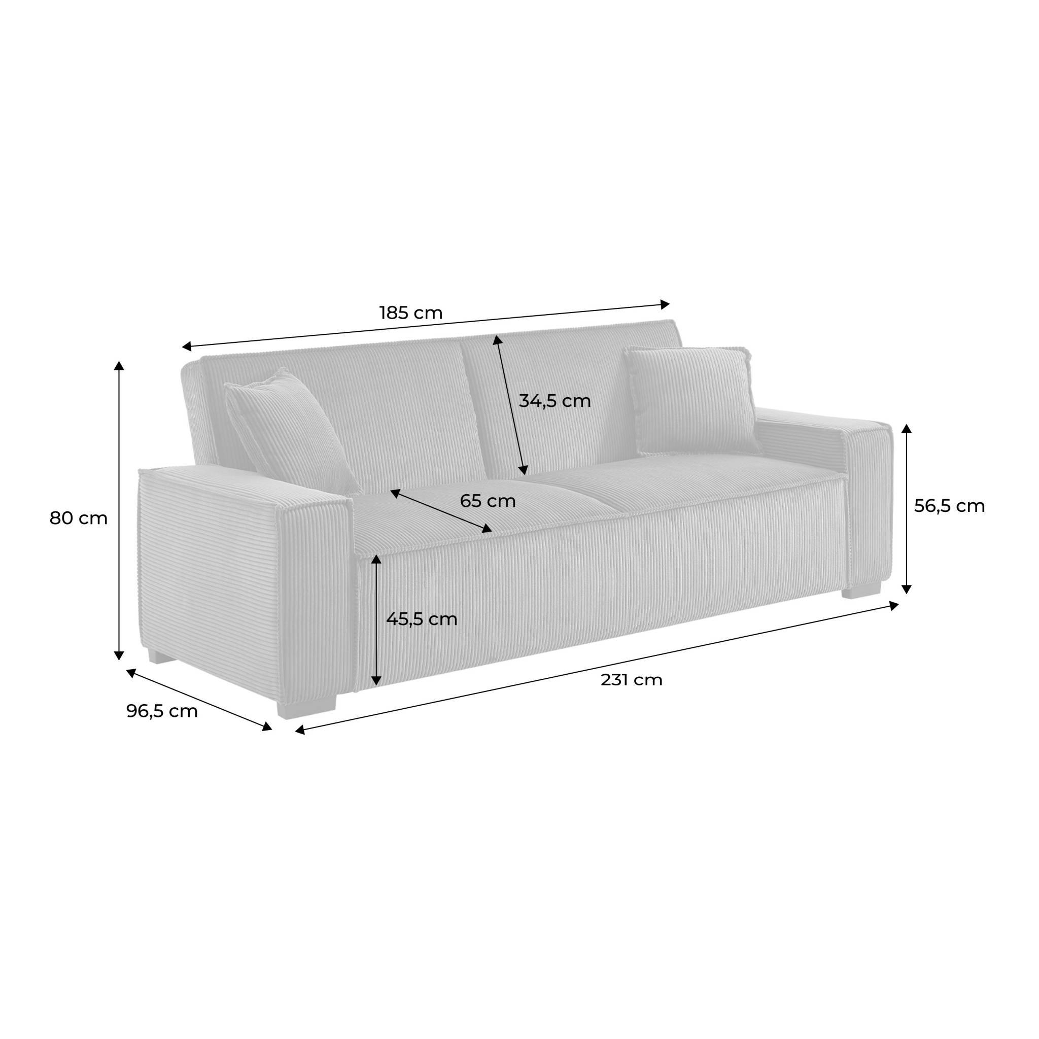 sweeek - Canapé convertible 3 places blanc crème velours côtelé L 231 x P 96.5 x H 80cm | sweeek - Image 3