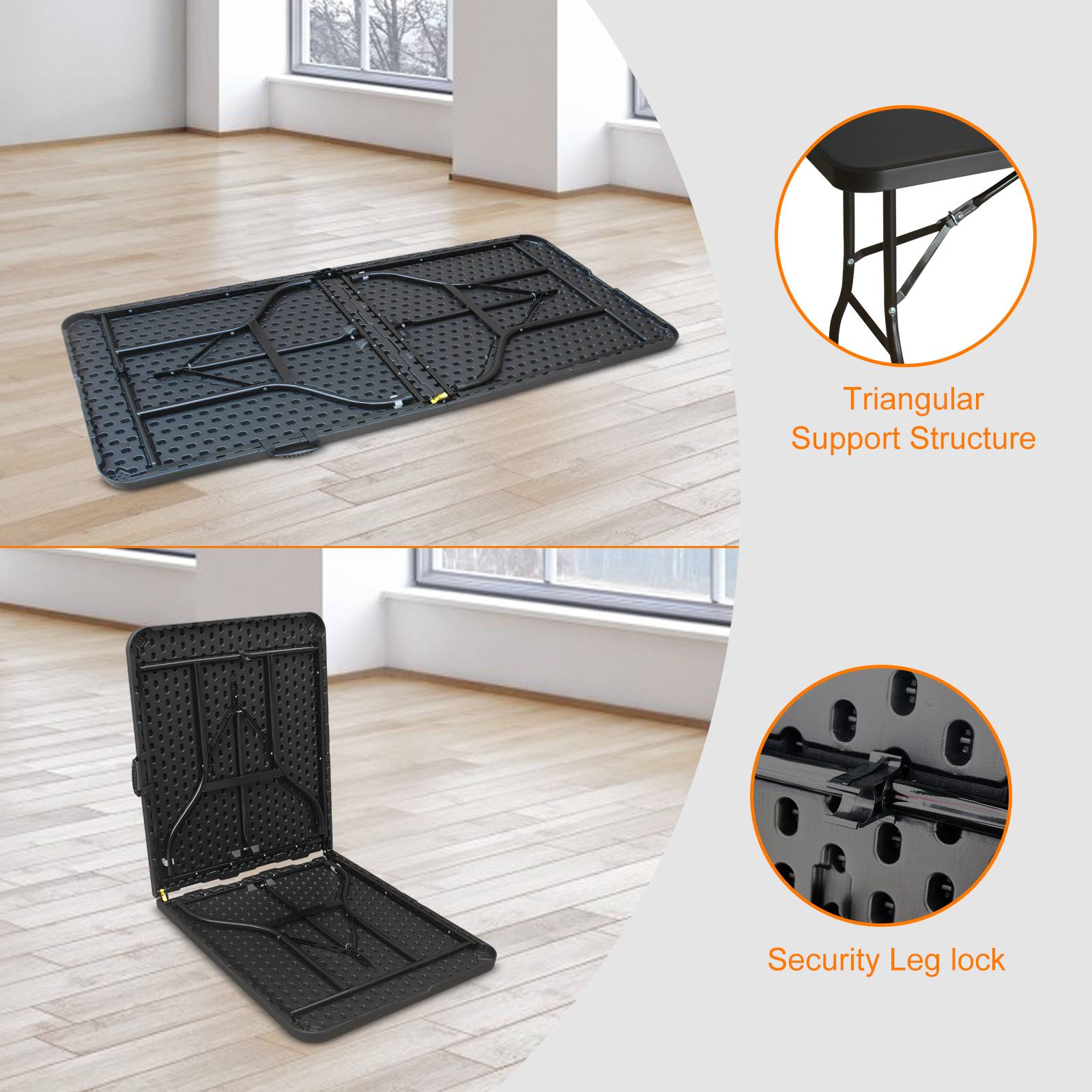 Table pliante robuste 180 cm, portable avec poignée, multifonctionnelle camping intérieur extérieur, charge 135 kg (noir) - Image 3