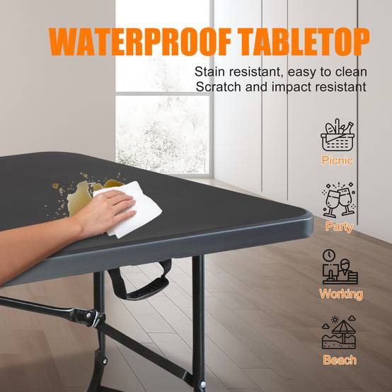 Table pliante robuste 180 cm, portable avec poignée, multifonctionnelle camping intérieur extérieur, charge 135 kg (noir) - Image 4