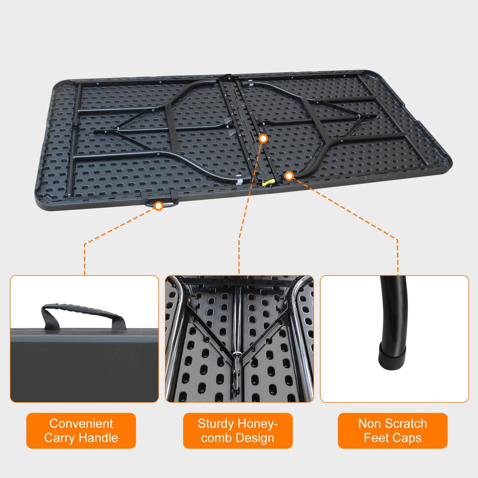 Table pliante robuste 180 cm, portable avec poignée, multifonctionnelle camping intérieur extérieur, charge 135 kg (noir) - Image 2