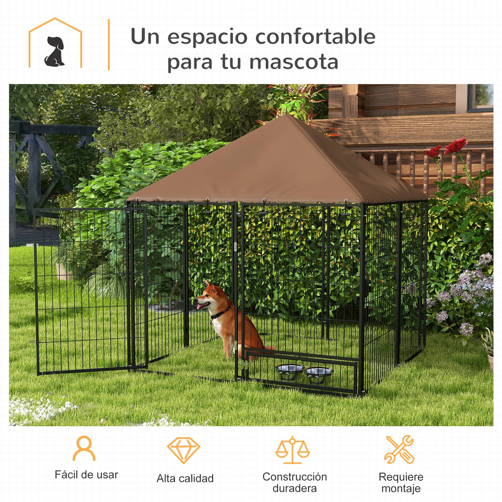 Enclos pour chien, auvent, support rotatif gamelle, 2 bols inclus, 141x141x151 cm, noir - Image 6