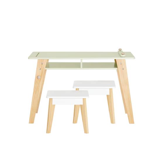 SoBuy Table d'Enfant avec 2 Tabourets, Table à Dessin avec Porte-Rouleau et 2 Compartiments, 3 Pièces, Verte, KMB92-GR - Image 1