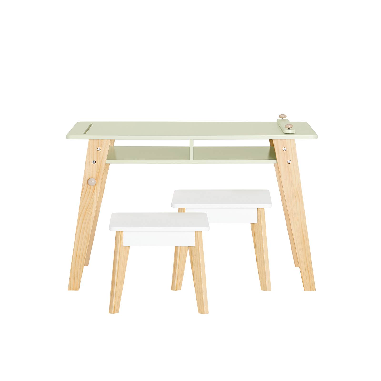 SoBuy Table d'Enfant avec 2 Tabourets, Table à Dessin avec Porte-Rouleau et 2 Compartiments, 3 Pièces, Verte, KMB92-GR - Image 1