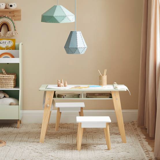 SoBuy Table d'Enfant avec 2 Tabourets, Table à Dessin avec Porte-Rouleau et 2 Compartiments, 3 Pièces, Verte, KMB92-GR - Image 2
