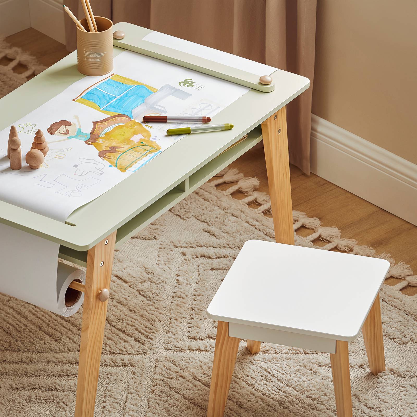SoBuy Table d'Enfant avec 2 Tabourets, Table à Dessin avec Porte-Rouleau et 2 Compartiments, 3 Pièces, Verte, KMB92-GR - Image 4