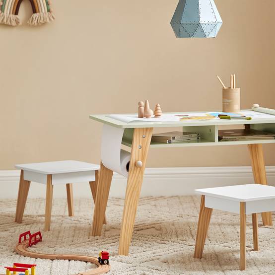 SoBuy Table d'Enfant avec 2 Tabourets, Table à Dessin avec Porte-Rouleau et 2 Compartiments, 3 Pièces, Verte, KMB92-GR - Image 5