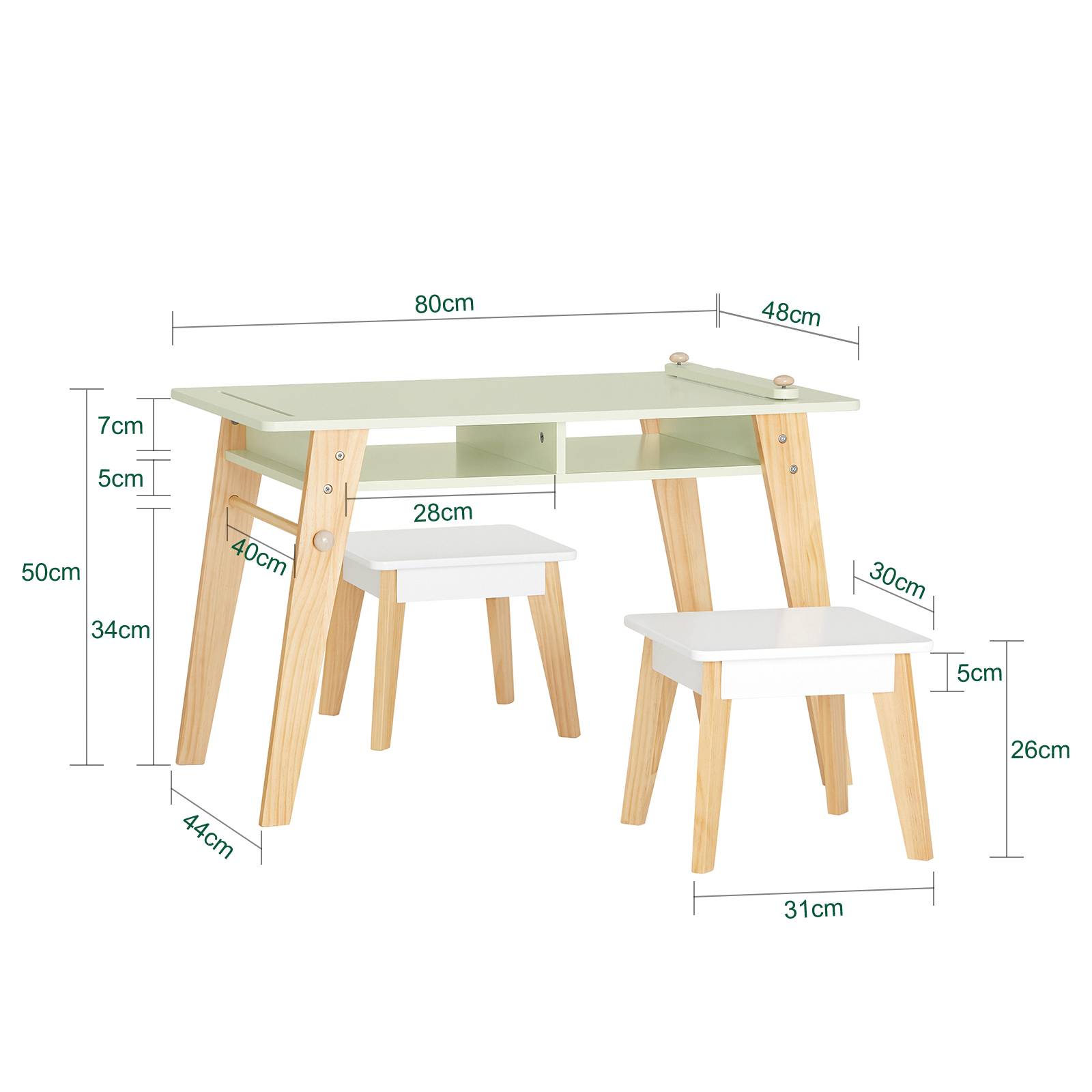SoBuy Table d'Enfant avec 2 Tabourets, Table à Dessin avec Porte-Rouleau et 2 Compartiments, 3 Pièces, Verte, KMB92-GR - Image 3